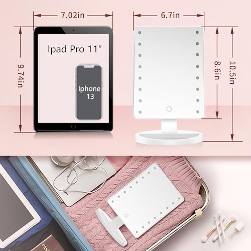 KOOKIN Lighted Vanity Makeup Mirror 16 Led Lights 180 Degree Rotation Lighted Makeup Mirror Touch Screen Adjusted Brightness Desk Mirrors USB Dual Supply Bathroom Light Up Makeup Mirrors (White)