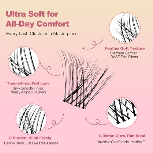 Natural Wispy Soft Lash Clusters Kit with 0.05mm Invisible Band, C Curl 8-16mm, DIY Salon Eyelash Extensions with Bond Seal Remover Tweezer, FayJoo AIRY 11 Kit