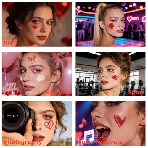 28 Pcs Valentine's Day Face Tattoos, Kiss Love Heart Tattoos Temporary, Red Fake Temporary Tattoo for Women Girls Valentine Makeup Accessories