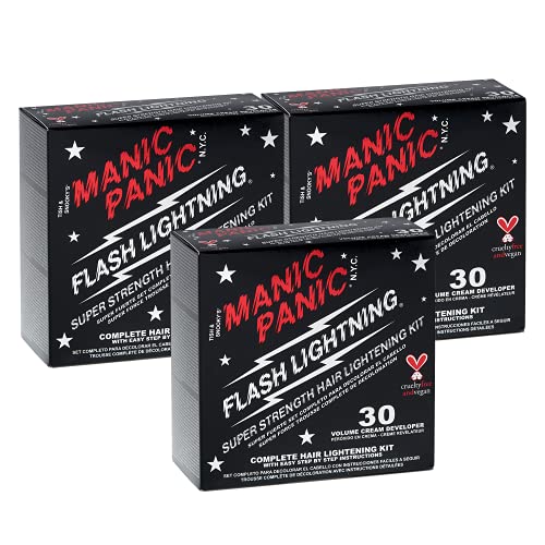 MANIC PANIC Flash Lightning Hair Bleach Kit - Bleach Powder + 30 Volume Developer - Hair Lightener for Dark Shades - Lifts Up to 5 Levels - Achieve Medium to Light Blonde - Vegan & Cruelty-Free (3 pk)
