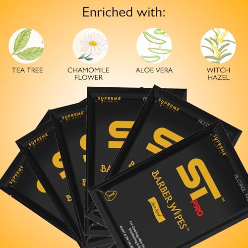 Supreme Trimmer Alcohol-Free After-Shave & Face/Body Wipes - 50 Individually Wrapped Disposable Barber Wipes for Sensitive Skin, Fresh Scent, Travel Friendly