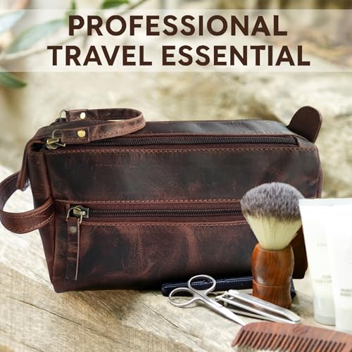 Leather Wash Bag for Men - Travel Toiletry Bag - Shaving Dopp Kit Toiletries Organizer - Leather Makeup Bag for Women