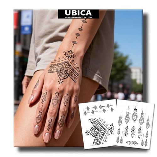 Semi Permanent Tattoos, 2 Sheets Realistic Temporary Tattoos for Women, Fake Tattoos for Hand Fingers Neck, Waterproof, No Reflective, Lasts 1-2 Weeks (Bohemian Geometric & Ethnic Henna Designs)