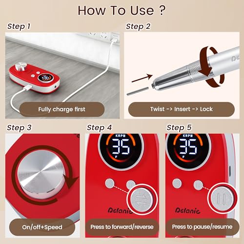 Delanie Rechargeable Nail Drill for Acrylic and Gel Nails 35000 RPM, Efile Nail Drill Professional with 5000mAh Battery, Portable Electric Nails Drill with Coreless Motor for Manicure Pedicure, Red