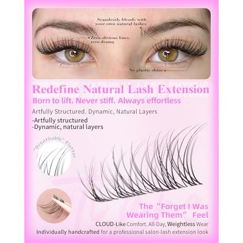 Natural Lash Clusters Kit Wispy Eyelash Clusters Short 8-10-12mm Lash Extensions Kit Invisible Band Lashes Clusters Kit C-Curl Individual Lashes Short Cluster Eyelash Extensions for Glasses