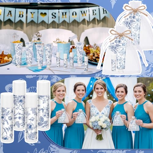 Loopeer 60 Sets Blue Floral Bridal Shower Hand Cream and Lip Balm Gift Bulk Blue Flower Wedding Favors Travel Size Hand Lotion and Lip Balm Wedding Bridal Baby Shower Party Supplies for Guests