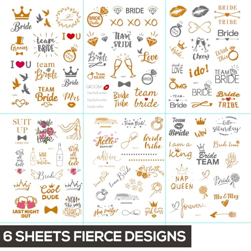 6 Sheets Gold Silver Temporary Tattoos for Women Men ? Metallic Tattoo Stickers for Bachelorette Party, Bridal Shower, Wedding Celebrations, and Team Bride Events ? Waterproof Fake Tattoos