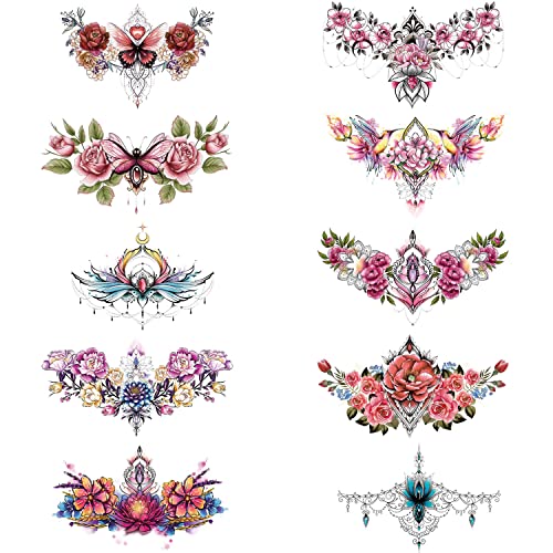 Glaryyears Chest Underboob Temporary Tattoo for Women, 10-Pack Large Floral Fake Realistic Tattoos, Long-lasting Creative Removable Tattoo Stickers, Sexy Rose Flower Tramp Stamp Sketch on Body