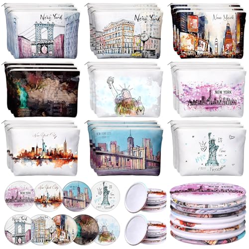36 Set New York Souvenirs Gifts Bulk City Cosmetic Bag Nyc Makeup Mirrors Souvenirs from USA Women New York Makeup Bag Birthday Party Favors Trip Journey Gifts for Friend Sisters