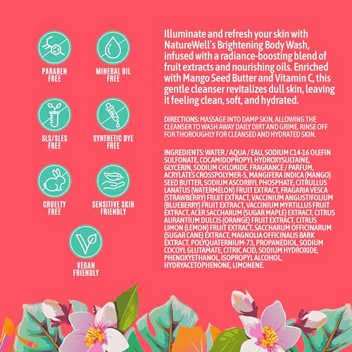 NATURE WELL Brightening Body Wash, Gentle & Creamy Formula Enriched with Mango Seed Butter & Vitamin C, Promotes a Luminous & Healthy-Looking Glow, Orange Zest, Blushed Rose, & Vanilla Scent, 33 Oz