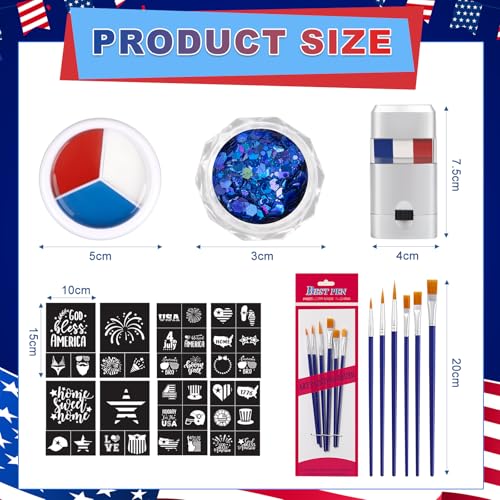 19 Pcs Red White Blue Face Paint Kit Patriotic Stripe Fan Brush Stick 3 Color Face Glitter Powder Stencil Stickers with Makeup Brush Independence Day Face Painting Kit for Memorial Day Party Favors