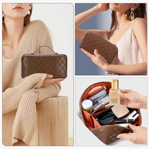 Checkered Travel Makeup Bags Cosmetic Organizer Bag: 2-Set Large Capacity Waterproof Makeup Bag - PU Leather Toiletry Bag for Women - Wide Open Portable Pouch with Handle and Divider (BROWN)