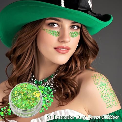 Green Face Glitter Gel,St Patricks Day Body Hair Glitter,Self-Adhesive Holographic Chunky Green Glitter, St Patricks Day Accessories for Women,Kids Rave Festival Carnival Makeup,40g/1.41 oz