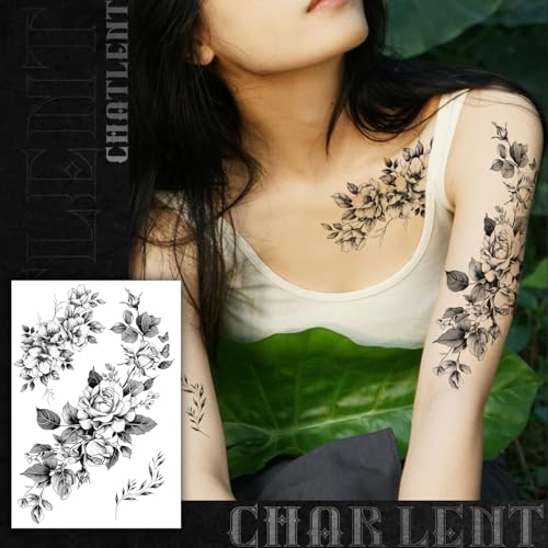 Realistic Flower Temporary Tattoos for Women - 9 Large Sheets Flower Rose Tattoos For Women Body Art Arm Chest Legs Shoulder