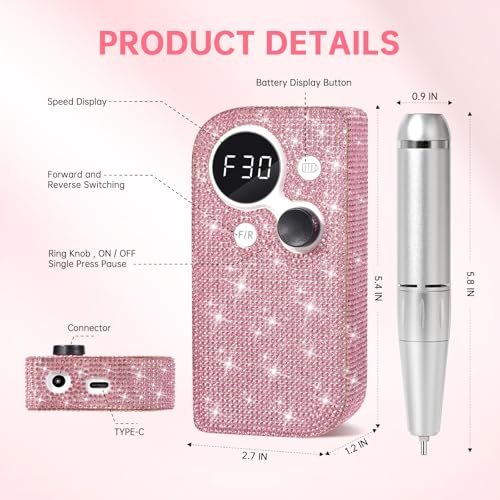 30000RPM Cordless Nail Drill Sparkling Portable Professional Electric Nail File with 12 Drill Bit for Acrylic Gel Nails Professional Nail Tools for Manicure Pedicure Pink Diamond