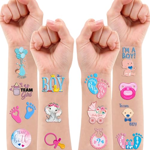 100 PCS Gender Reveal Temporary Tattoos Themed Birthday Party Decorations Favors Supplies Decor Baby Boy Or Girl Pink And Blue Tattoo Stickers Gifts For Game Kids Boys Girls Classroom School Prizes