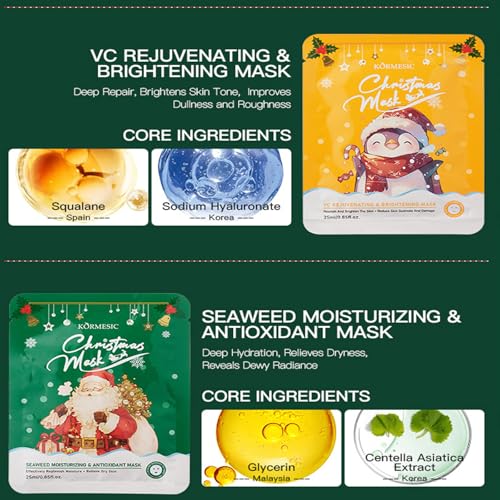 12PCS Christmas Facial Masks for Stocking Stuffers, Face Mask Set for Women Skincare, Hydrating Sheet Face Masks Skincare, Christmas Gifts for Women