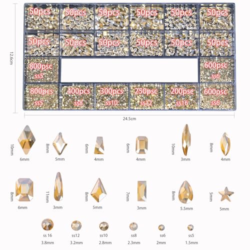 HNUIX Nail Rhinestones - 4550pcs Champagne Gold, Multiple Shape Gems, Flatback Crystal Rhinestones, with Kit and Glue Gel, for Nail Art
