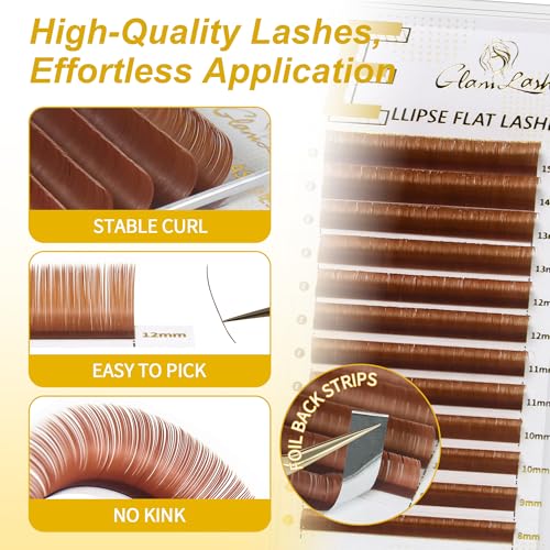 Cashmere Ellipse Flat Lashes Split Tip Eyelash Extensions Natural Matte Soft Lightweight Classic Lash Extensions Professional Salon Use(0.15,D,8-15mm,Caramel)