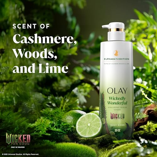 Olay Body Wash for Women, Wickedly Wonderful Elphaba¡¯s Edition, Intensely Hydrating & Renewing, Pro-Hyaluronic Acid Serum with Vitamin B3, For All Skin Types, Cashmere Woods & Lime Scent, 20 fl oz