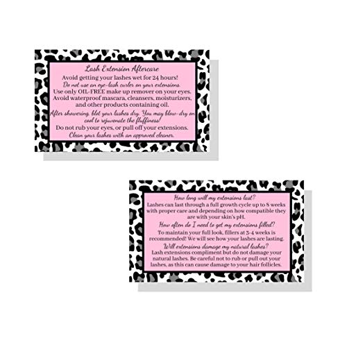 Lash Extension Aftercare Instructions Cards | Package of 50 | Leopard Print with Pink Inlay Design Double Sided Size 3.5 x 2" inches After Care (3-4 Week Fillers)