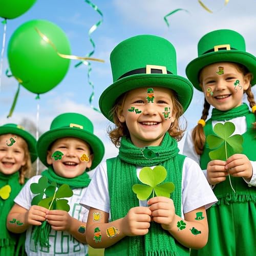 10 Sheets St Patrick's Day Tattoos,Temporary Tattoo Shamrock Assorted Face Body Sticker,for Saint Patrick's Day Decoration Irish Clover Themed Party Supplies