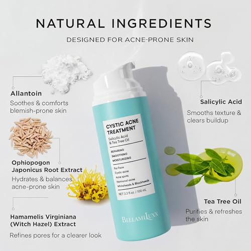 Cystic Acne Treatment for Face: Hormonal Acne Treatment Cream for Teens & Adults - Salicylic Acid & Tea Tree Oil Pimple Spot Remover - Anti-Acne Moisturizer Reduces Redness, Blemishes