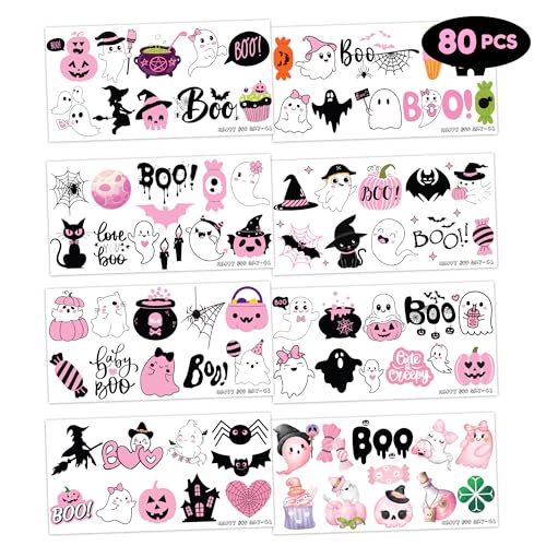 Pink Black Halloween Temporary Tattoos - Baby Shower 80 PCS Boo I'm Two Ghost Witch Hat Themed Stickers for Kids Birthday Party Supplies, Decorations, Favors, and Prizes, Cute Gifts for Boys and Girls