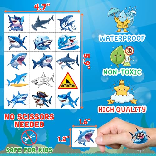 Shark Temporary Tattoos | Ocean Themed Shark Party Decorations Birthday Party Favors Supplies Accessories Stickers Under The Sea Themed Gift Idea For Kids Teen Boy Girl Adult 60Pcs 4 Sheets Pre-cut