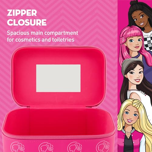 Concept One Barbie Large Women's Makeup Bag, Two Zipper Travel Cosmetic Zipper Pouch Organizer with Logo, Pink