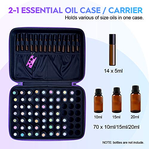 Essential Oil Carrying Case for 70&41 Pieces 5/10/15/20ml Roller Bottles with Free Writable Labels Opener, Oils Premium Aromatherapy Hard Travel Storage Organizer Bag (70 Bottles)