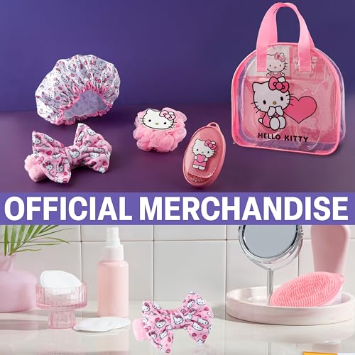 Hello Kitty Sanrio Shower Accessories Set, Kawaii Toiletry Bag with Shower Cap Headband Bath Sponge, Gifts for Girls, Teens, Women (Pink Hello Kitty)