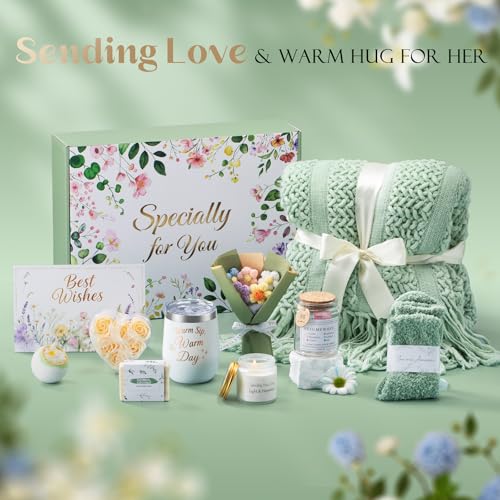 Birthday Gifts for Women, 11 Pcs Sage Green Self Care Package Get Well Soon Gift Baskets, Inspirational Thinking of You Thank You Gift with Bath Spa Gift Set - Unique Gifts for Women