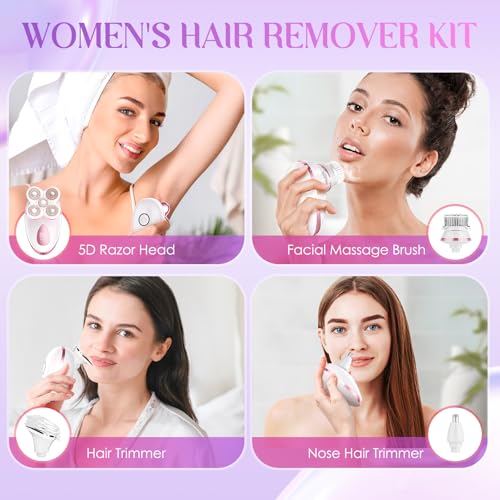 Electric Razors for Women - Painless Body Shavers for Sensitive Skin - 4 in 1 Cordless Lady Trimmer for Women's Leg, Bikini and Face - Waterproof Wet/Dry Remover, Rechargeable, Cherry