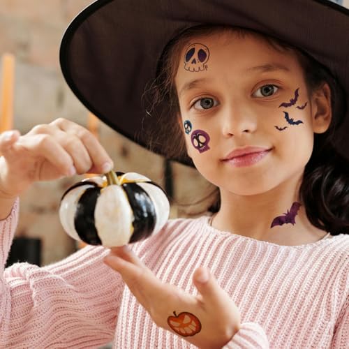 Glitter Halloween Tattoos for Kids - 74 Individually Sheets Glitter Pumpkin Bat Skeletons Spiderweb Tattoos for Kids Halloween Party Supplies Treats Goodie Bag Fillers