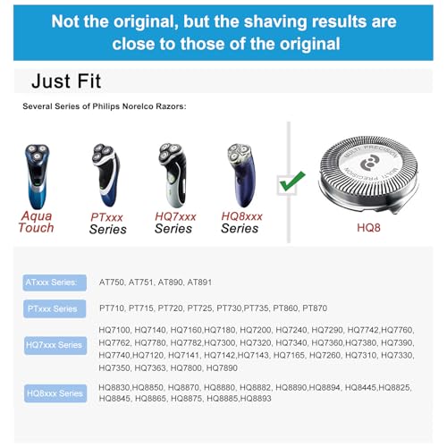 HQ8 Replacement Heads Compatible With Philips Norelco Aquatec Shaver, HQ8 Blades for Philips Norelco Razor PT720 AT880 AT810, 6-pc pack
