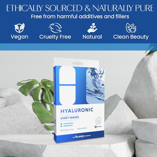 Hyaluronic Acid Sheet Face Mask - Skin Firming, Anti-Aging, Moisturizes & Plumping - Dermatologist Tested, Cruelty-Free Korean Skincare for All Skin Types - Pack of 5