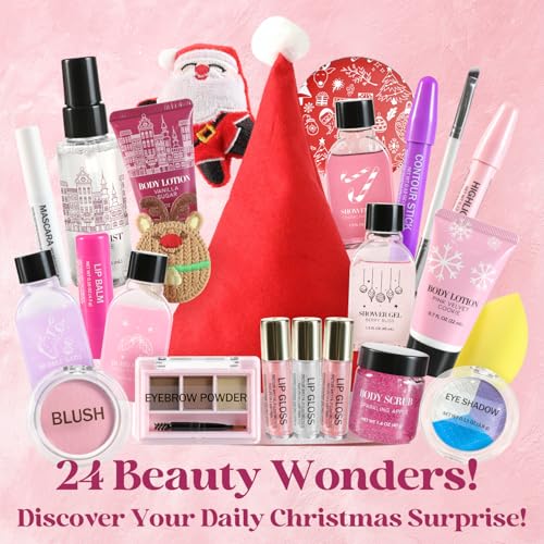 Makeup Advent Calendar 2025 Christmas Gifts, Beauty Calendar 2025 for Women, Teen Girls, Skin Care Advent Calendar with Mascara, Blush, Lip balm, Shower Gel, 2025 Self Care Gifts for Women
