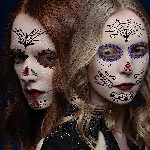 Day of the Dead Face Tattoos - 10 Sheets Halloween Temporary Tattoos Face Stickers Kit D?a de Los Muertos Glitter Red Roses Skeleton Sugar Skull Fake Tattoo for Halloween Makeup on Face Body