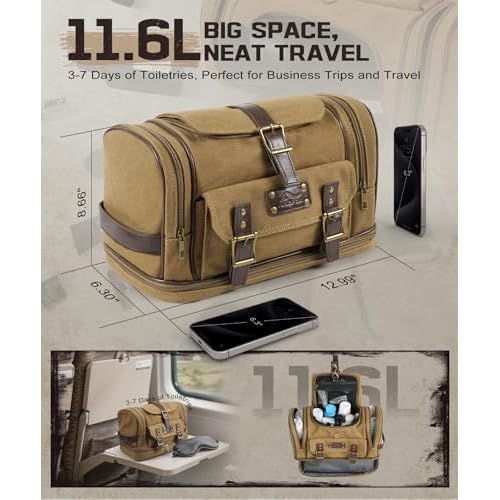 ARCFOX Travel Hanging Toiletry Bag for Men, Vintage Canvas Large Toiletry Bag with 7 Compartments, Camping Gym Travel Toiletry Kit Organizer with PVC Wet & Dry Pockets, Personalized Wash Bag, Brown