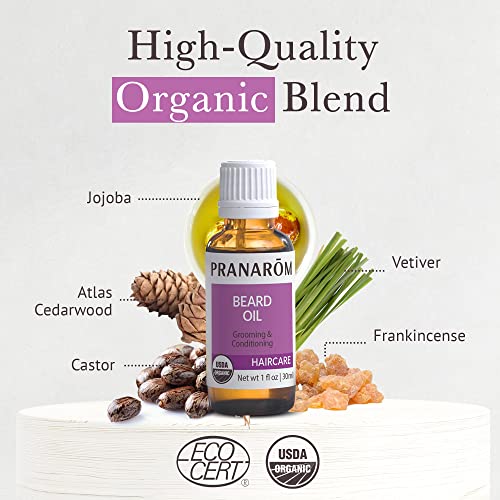 Pranarom - Beard Oil (30ml) - 100% Pure Natural Therapeutic Grade - Jojoba, Cedarwood, & Frankincense | USDA & ECOCERT Certified Organic