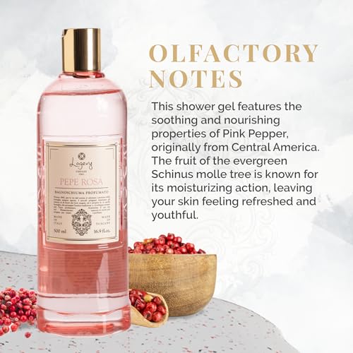 Logevy Pepe Rosa Shower Gel ? Indulgent Pink Pepper Aroma Made from the Best Skin-Friendly Ingredients, Rich in Nutritional Properties for Rejuvenating, Hydrating, and Soothing Action ? 500ml