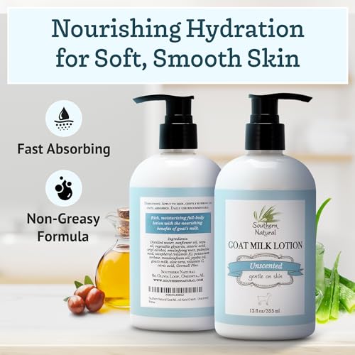 Southern Natural Goat Milk Lotion ? Nourishing Face, Body & Hand Moisturizer for Dry & Sensitive Skin - Hydrating Cream, Gentle Skincare for Soft & Smooth Feel - Unscented 12oz