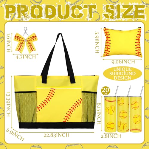 Patelai 4 Pcs Softball Gifts Set Softball Basket Stuffed Including Tote Bag 20 oz Tumbler Makeup Bag Keychain(Yellow)