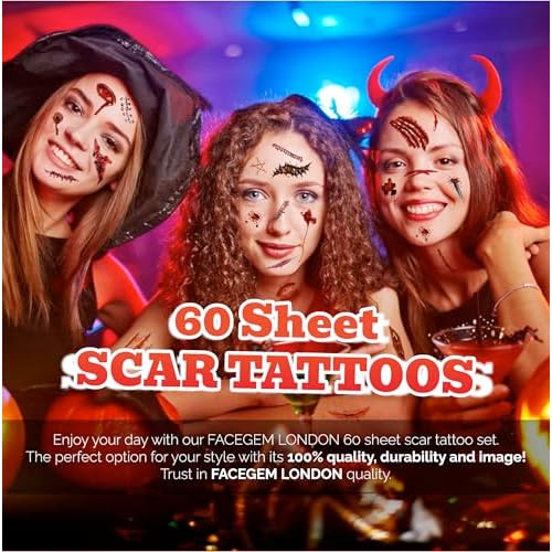 60 Sheet Halloween Zombie Scars Tattoo Stickers - Fake Scab Blood Special Fx Costume Makeup Props for Masquerade Party Prank Decorations