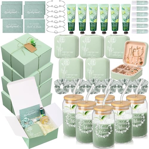 60 Pcs Bridesmaid Proposal Gifts Bridesmaid Box Set Maid of Honor Gifts Wedding Bridal Shower Include Jewelry Box Glass Cup Scrunchies Hair Knotted Bracelets Hand Cream Lip Balm Cards(Green)