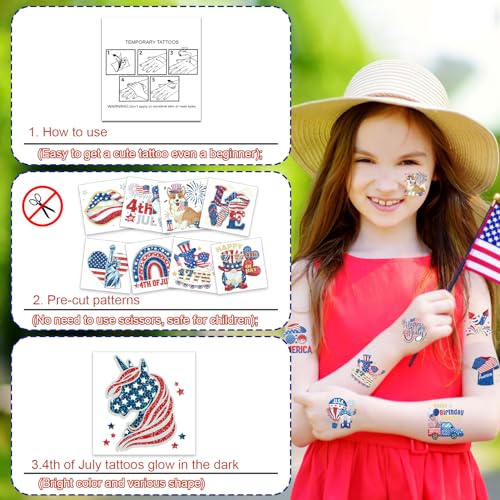 HOWAF 4th/Fourth of July Temporary Tattoos 96 Individually Sheets Giltter American USA Flag Tattoos Stickers Giltter gold and silver Independence Day Tattoos for Patriotic Independence Day