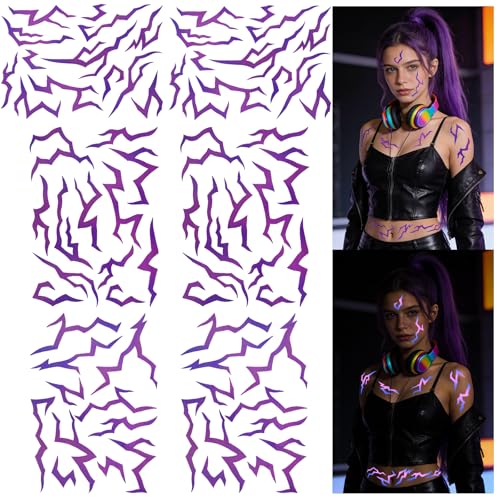 DARENYI 6 Sheets UV Shine Lightning Pattern Temporary Tattoos, Glow Tattoos in UV Blacklight for RPD, Rave Accessories, Halloween, Hunter Cosplay, Festivals, Parties, Purple