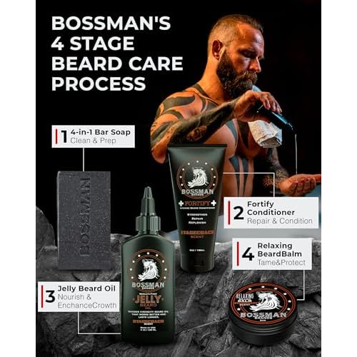 Bossman Big Boss Beard Care Kit for Men - 7 Piece Beard Grooming Kit with Jelly Beard Oil, Beard Conditioner, Beard Balm, MUDstache Wax, Bar Soap, Metal Comb, Brush - Gift Set for Men (Hammer)