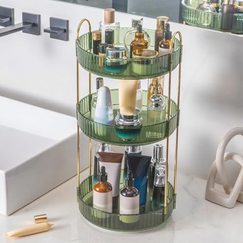 360¡Æ Rotating Makeup Organizer, Bathroom Make Up Spinning Holder Rack, Large Capacity Cosmetics Storage Vanity Shelf Countertop, Fits Cosmetics, Perfume, Skincare(3 Tiers, Green)